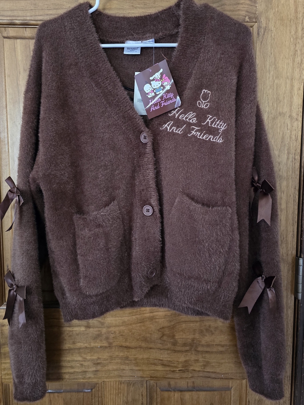 Hello Kitty Brown Plush Button Front Cardigan with Ribbon Accents